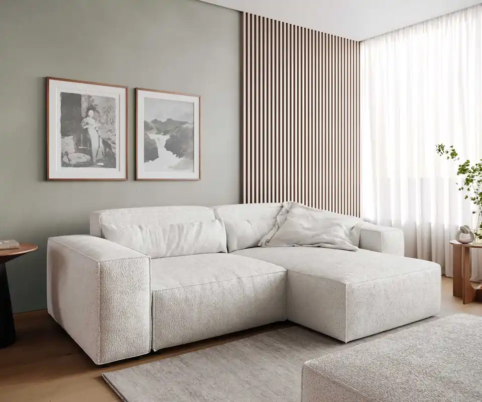 Wochenendangebot Ecksofa Sirpio 230x155 cm Bouclé Creme-Weiß Recamiere variabel mit Hocker