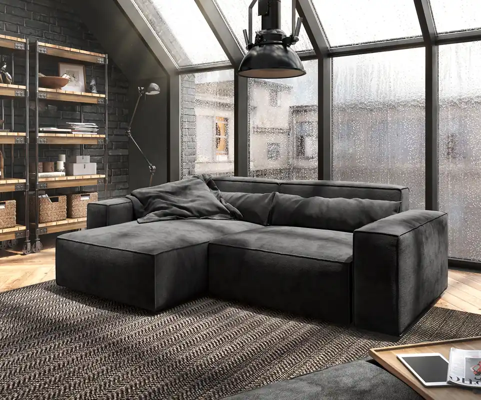 Top-Angebot Ecksofa Sirpio 230x155 cm Mikrofaser Schwarz Recamiere variabel mit Hocker