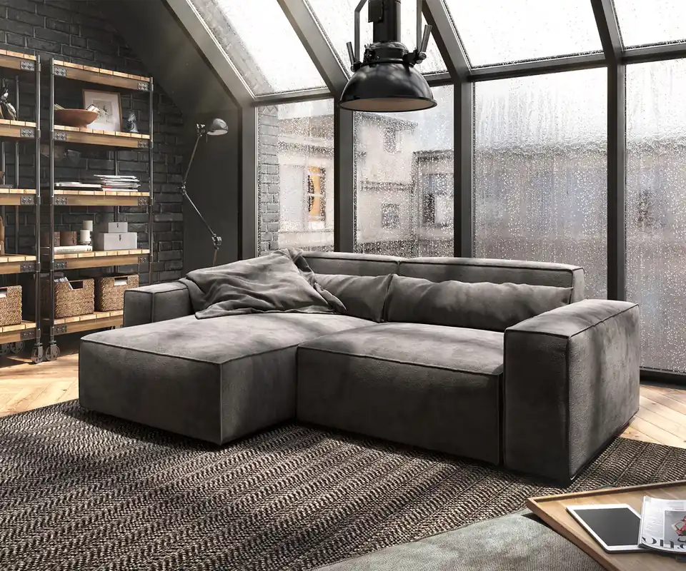 Sonderangebot Ecksofa Sirpio 230x155 cm Mikrofaser Khakibraun Recamiere variabel mit Hocker