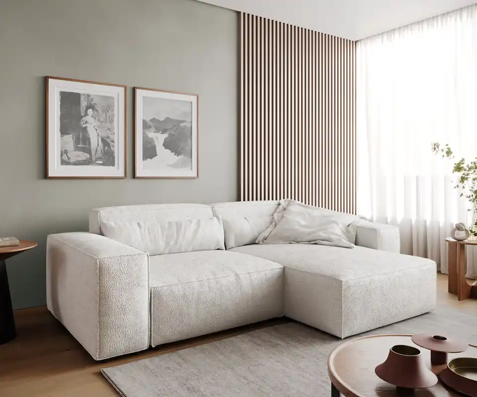 Neue Kollektion Ecksofa Sirpio 230x155 cm Bouclé Creme-Weiß Recamiere variabel