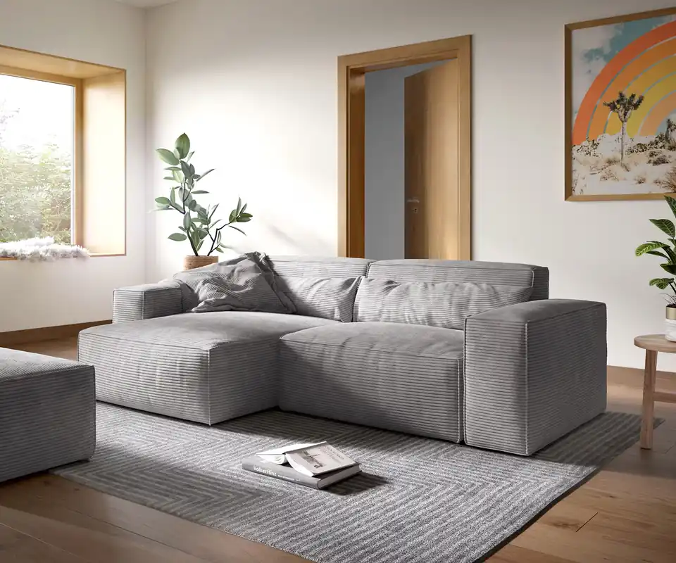Direkt Vom Hersteller Ecksofa Sirpio XL 270x170 cm Cord Silbergrau Recamiere variabel mit Hocker