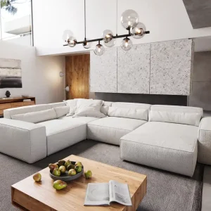 Wohnlandschaft Sirpio XL 360x260 cm Bouclé Creme-Weiß Recamiere variabel Zertifiziert