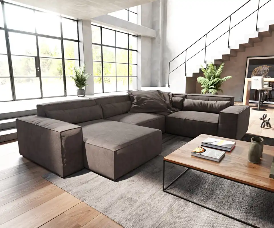 Wohnlandschaft Sirpio 300x210 cm Mikrofaser Khakibraun Recamiere variabel Garantierte Lieferung