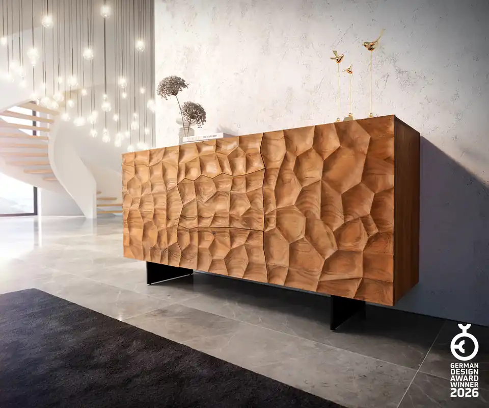 Bestpreis Sideboard Solu 175 cm Akazie Natur 2 Türen 3 Schübe Fuß schwebend Metall Schwarz 3D-Front