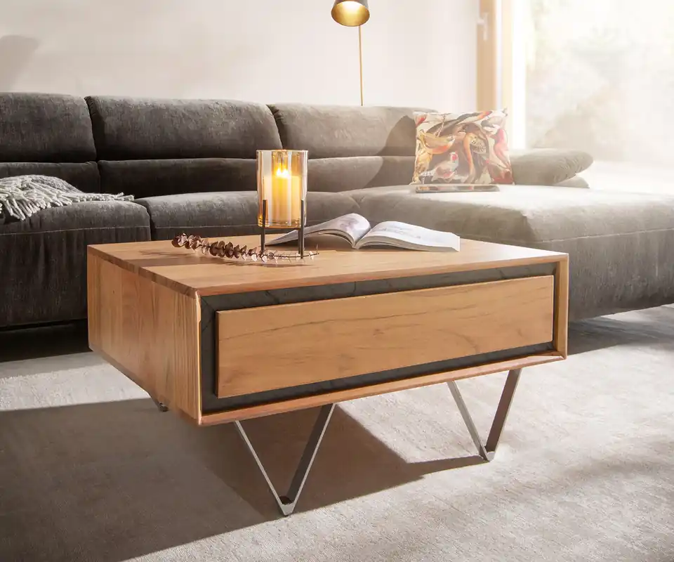 Sonderaktion Couchtisch Stonegrace 80x60 cm Akazie Natur 2 Schubladen Steinfurnier