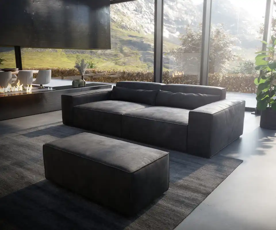 Bestseller Big-Sofa Sirpio XL 270x130 cm Lederimitat Vintage Anthrazit mit Hocker