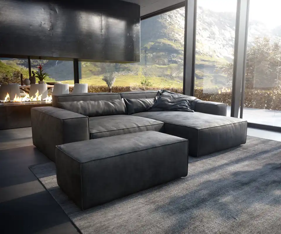 Ecksofa Sirpio XL 270x170 cm Lederimitat Vintage Anthrazit Recamiere variabel mit Hocker Versand Am Gleichen Tag