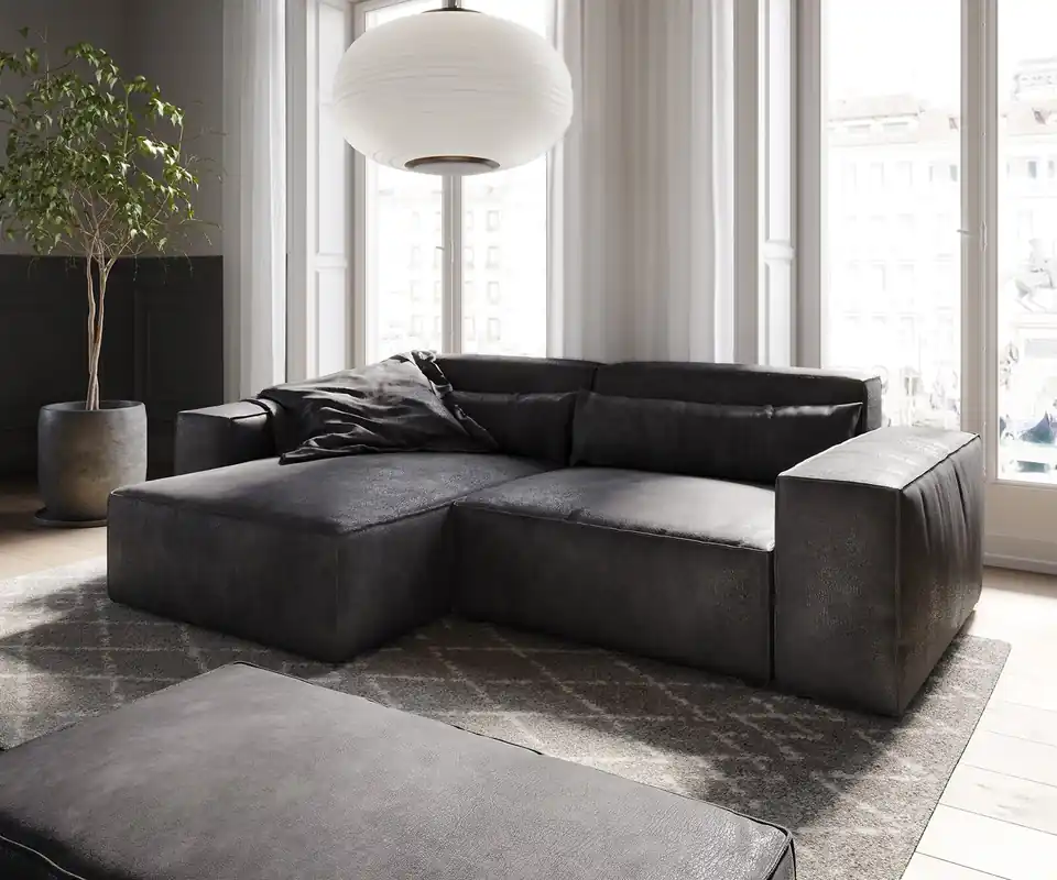 Neuheit Ecksofa Sirpio 230x155 cm Lederimitat Vintage Anthrazit Recamiere variabel mit Hocker