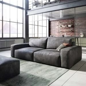 Big-Sofa Lanzo 230x95 cm Lederimitat Vintage Anthrazit mit Hocker Sichere Zahlung