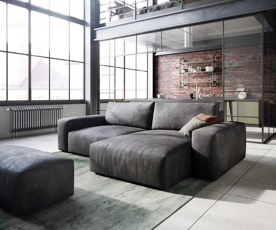 Ecksofa Lanzo 230x155 cm Lederimitat Vintage Anthrazit Recamiere variabel mit Hocker Letzte Chance