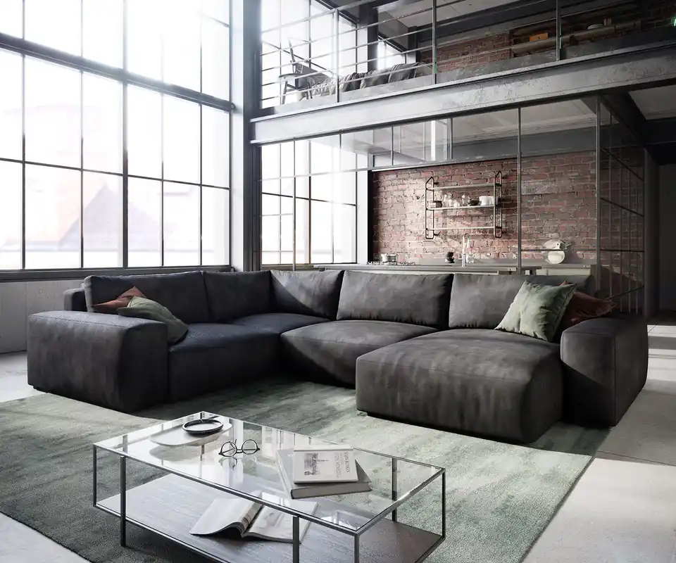 Wohnlandschaft Lanzo 300x210 cm Lederimitat Vintage Anthrazit Recamiere variabel Preis Gesenkt