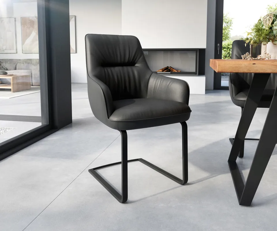 Neu Im Sortiment Freischwinger Zelia-Flex mit Armlehnen Echt-Leder Schwarz Freischwinger flach Schwarz Taschenfederkern