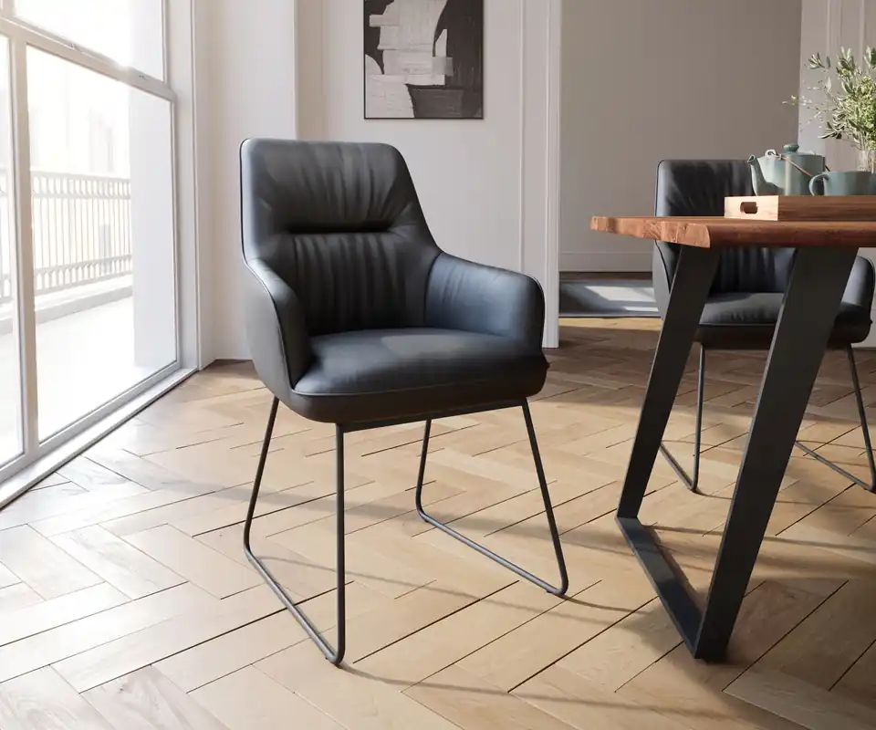 Schneller Versand Esszimmerstuhl Zelia-Flex mit Armlehnen Echt-Leder Schwarz Kufengestell Schwarz Taschenfederkern