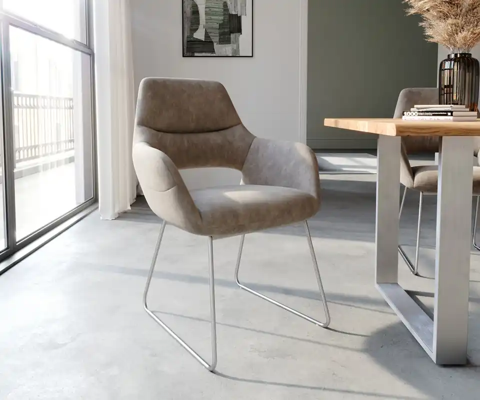 Esszimmerstuhl Yago-Flex mit Armlehnen Mikrofaser Taupe Vintage Kufengestell Edelstahl Taschenfederkern Neuheit