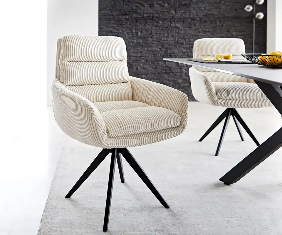 Billig Esszimmerstuhl Abelia-Flex mit Armlehnen Cord Beige Kreuzgestell kantig Schwarz