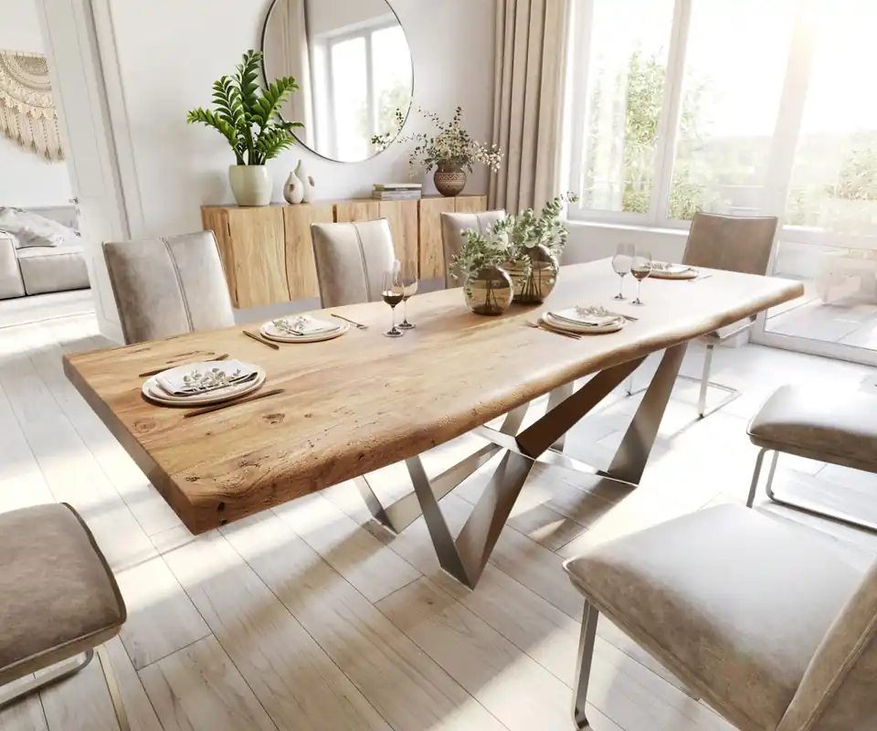 Jetzt Kaufen Esstisch Edge 260x100 XL Akazie Natur Spider Flachstahl Edelstahl Live-