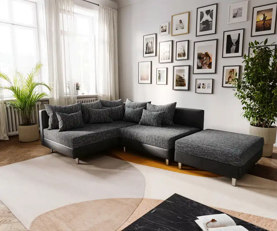 Markenware Ecksofa Clovis Schwarz Modulsofa Hocker Ottomane Links