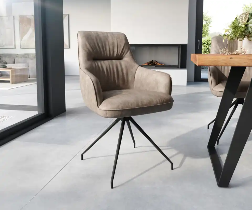 Esszimmerstuhl Zelia-Flex mit Armlehnen Mikrofaser Taupe Vintage Kreuzgestell konisch Schwarz Taschenfederkern Angebot