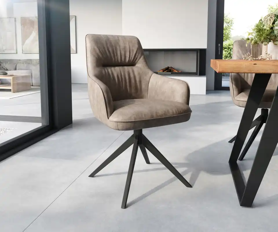 Esszimmerstuhl Zelia-Flex mit Armlehnen Mikrofaser Taupe Vintage Kreuzgestell breit Schwarz Taschenfederkern Sichere Zahlung