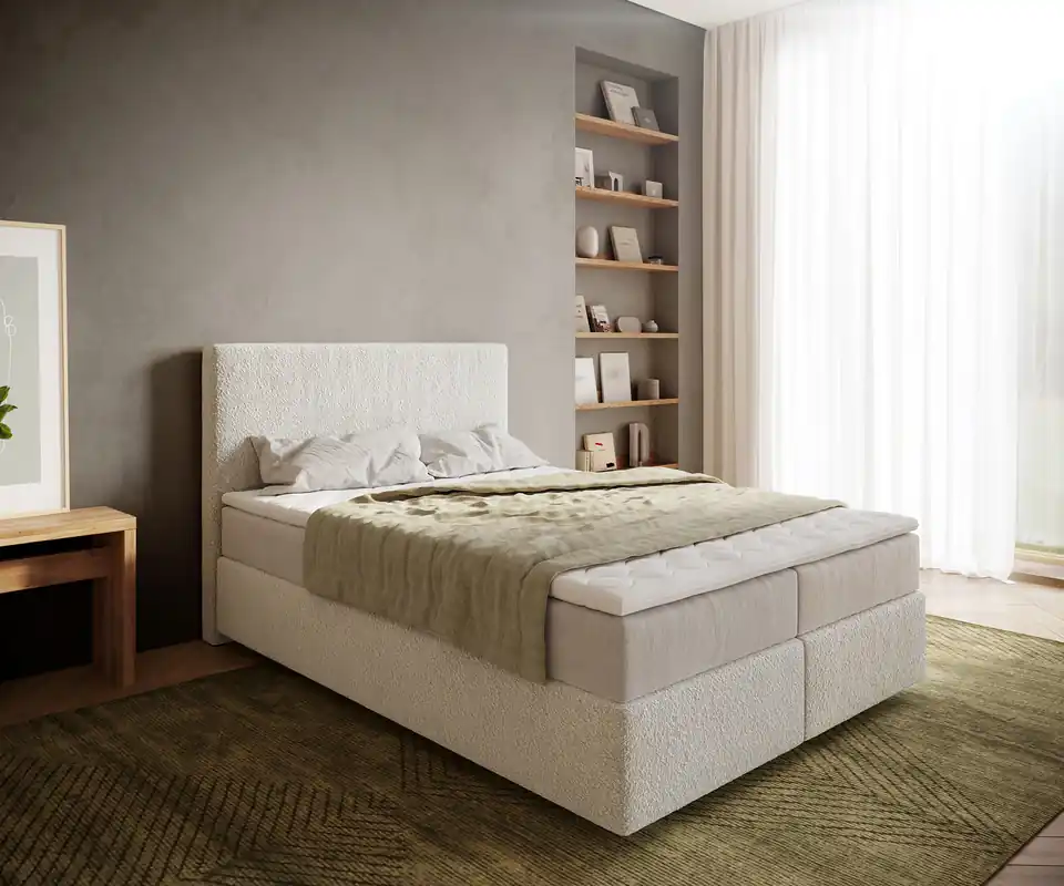 Boxspringbett Dream-Well 140x200 cm Bouclé Creme-Weiß mit Taschenfederkernmatratze und Topper Visco Angebot