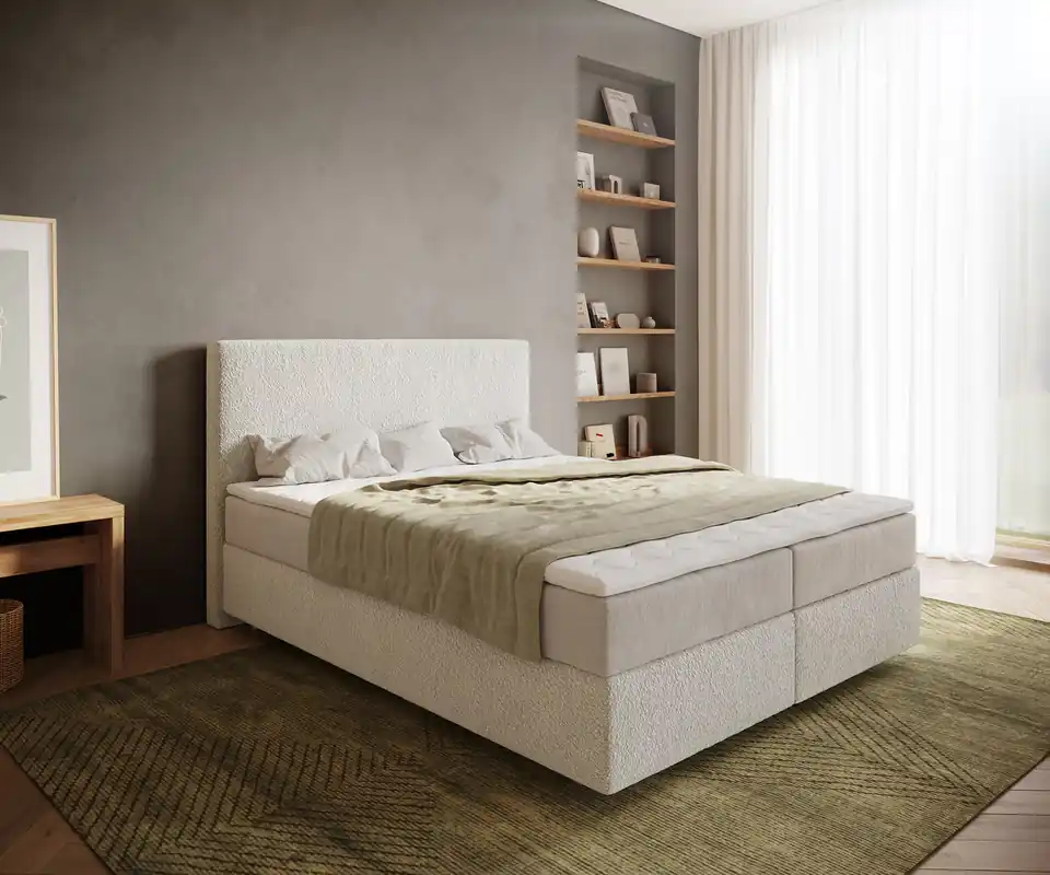 Versand Am Gleichen Tag Boxspringbett Dream-Well 160x200 cm Bouclé Creme-Weiß mit Taschenfederkernmatratze und Topper Visco