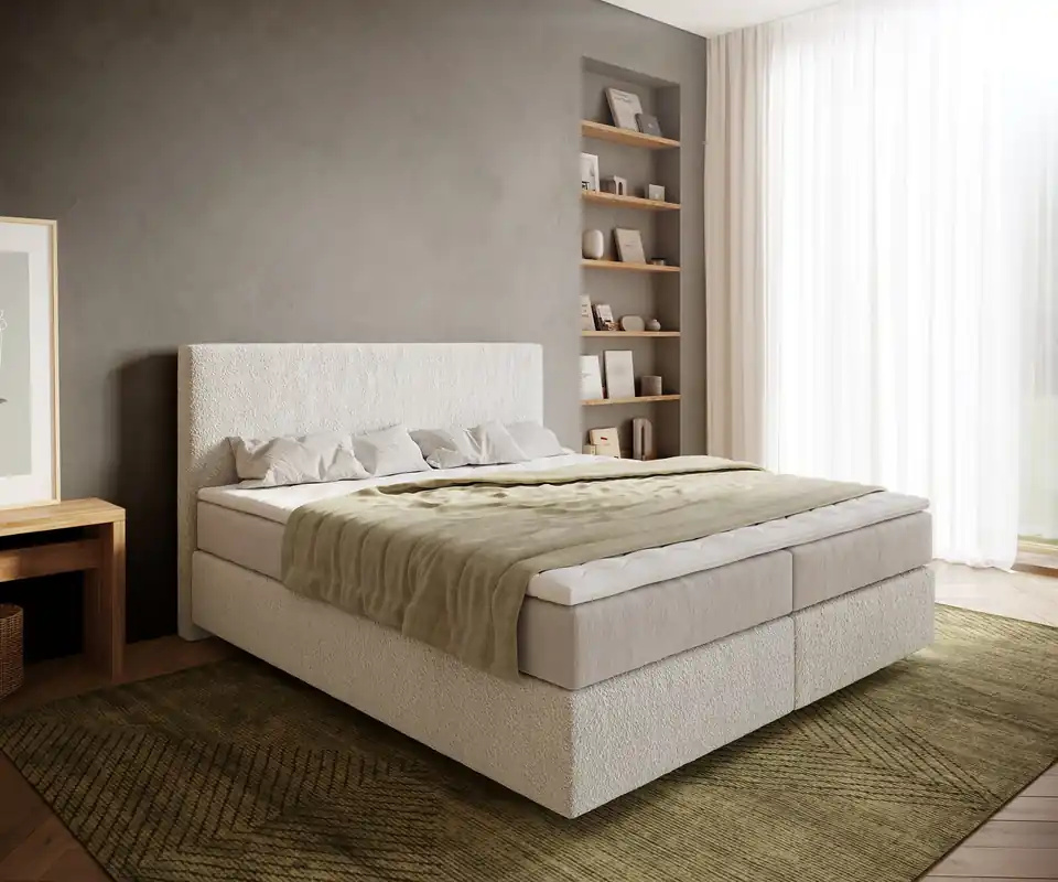 Boxspringbett Dream-Well 180x200 cm Bouclé Creme-Weiß mit Taschenfederkernmatratze und Topper Visco Neue Ware