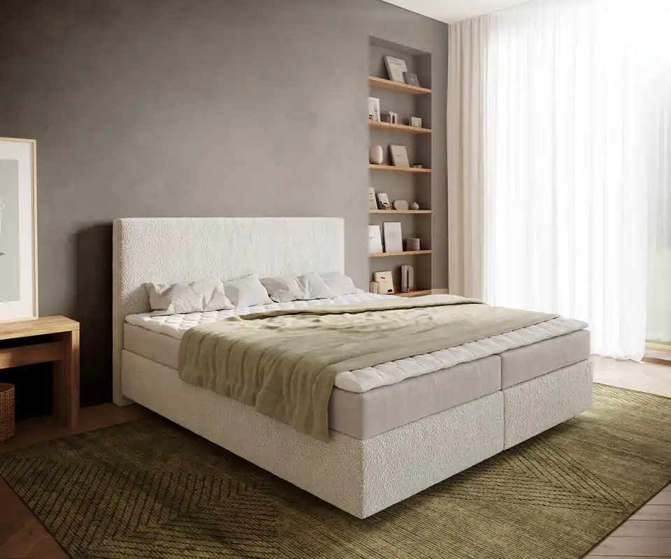 Boxspringbett Dream-Well 180x200 cm Bouclé Creme-Weiß mit Matratze und Topper Highlight
