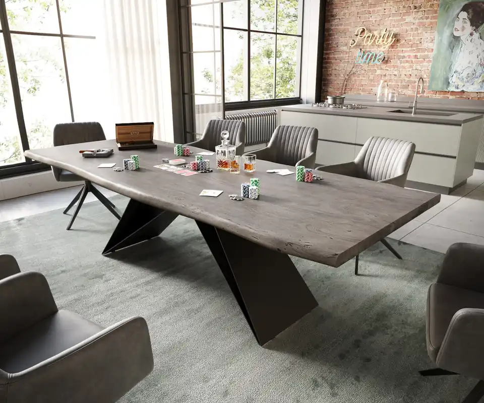Esstisch Edge 260x100 Akazie Platin V-Gestell Flachstahl Schwarz Live- Meistverkauft