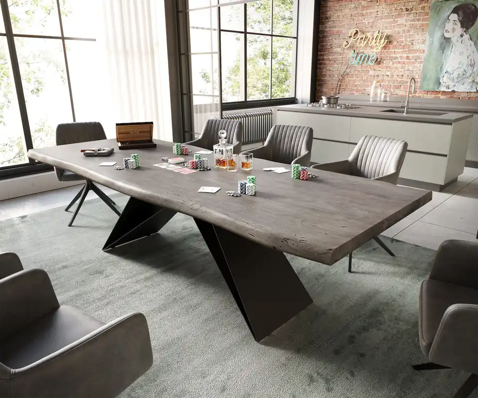 Neue Kollektion Esstisch Edge 260x100 XL Akazie Platin V-Gestell Flachstahl Schwarz Live-