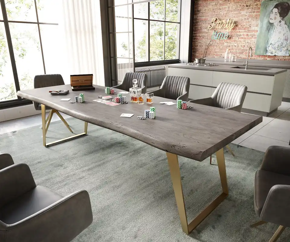 Preisknaller Esstisch Edge 260x100 XL Akazie Platin Edelstahl Gold Schräg Live-
