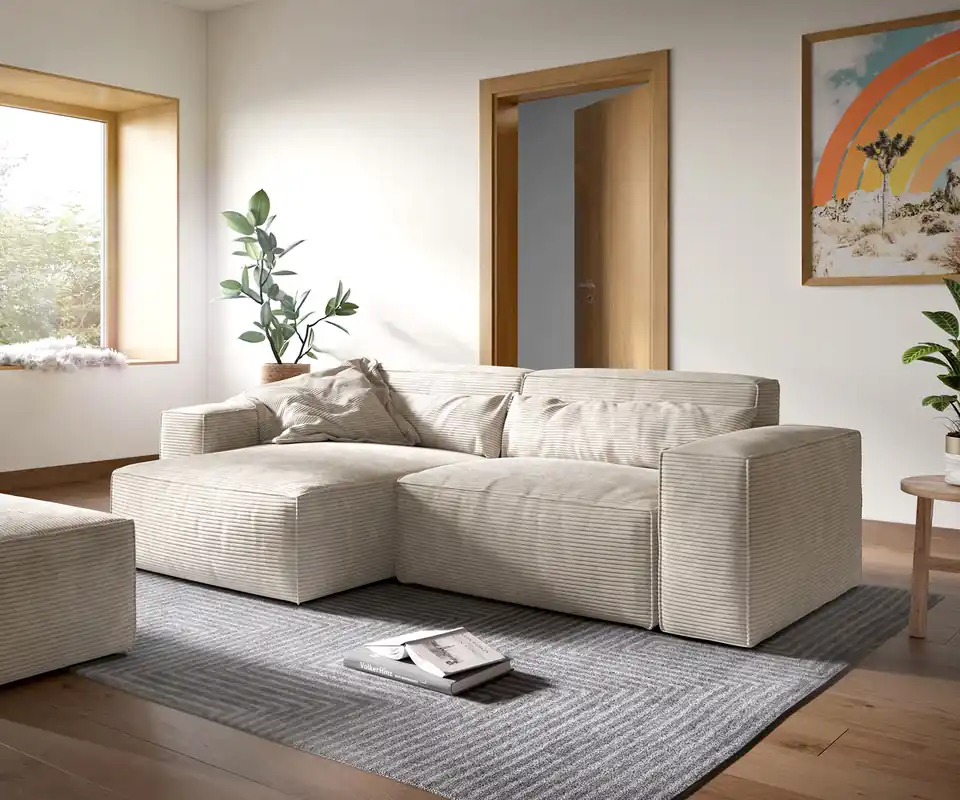 Must-Have Ecksofa Sirpio XL 270x170 cm Cord Beige Recamiere variabel mit Hocker