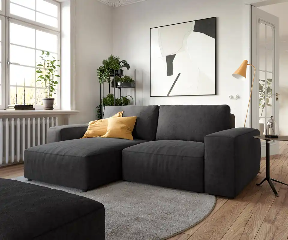 Ecksofa Lanzo 230x155 cm Mikrofaser Schwarz Recamiere variabel mit Hocker Sonderangebot