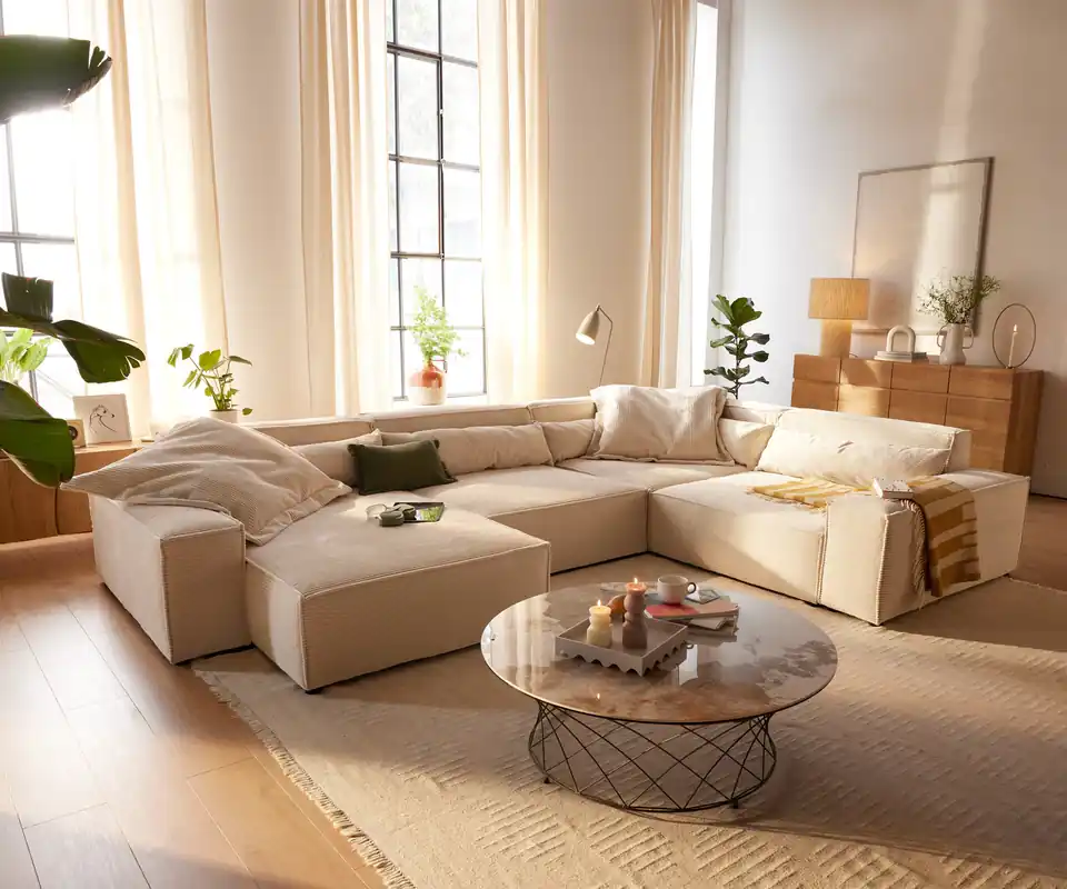 Super-Preis Wohnlandschaft Sirpio XL 360x260 cm Cord Beige Recamiere variabel