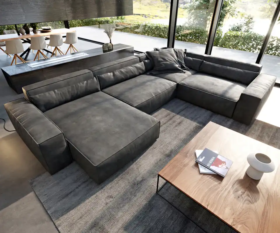 Preisreduziert Wohnlandschaft Sirpio XL 360x260 cm Lederimitat Vintage Anthrazit Recamiere variabel