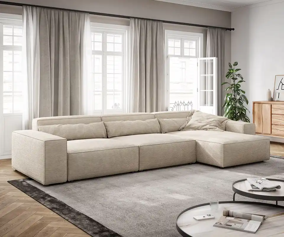 Ecksofa Sirpio XL 370x170 cm Cord Beige Recamiere variabel Billig