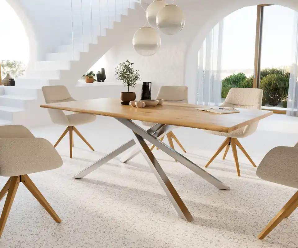 Nur Für Kurze Zeit Esstisch Edge 200x100x2,5-3 Eiche Natur Kreuzgestell Rechteck Edelstahl Live-