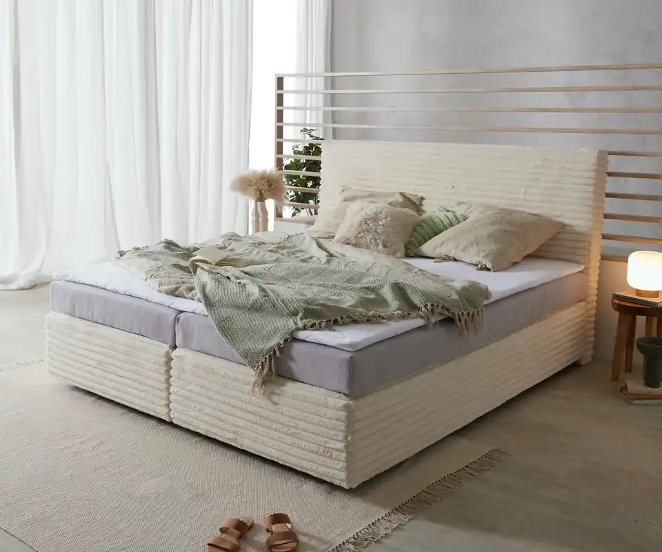 Boxspringbett Dream-Well Plüsch-Cord Beige 180x200 cm Bonell-Matratze PU-Topper Begrenztes Angebot