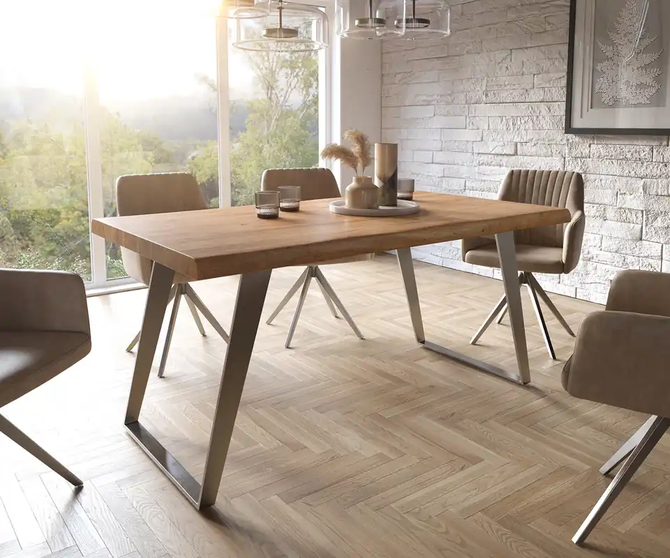 Esstisch Edge 160x90 XL Akazie Natur Edelstahl Schräg Live- Sichere Zahlung