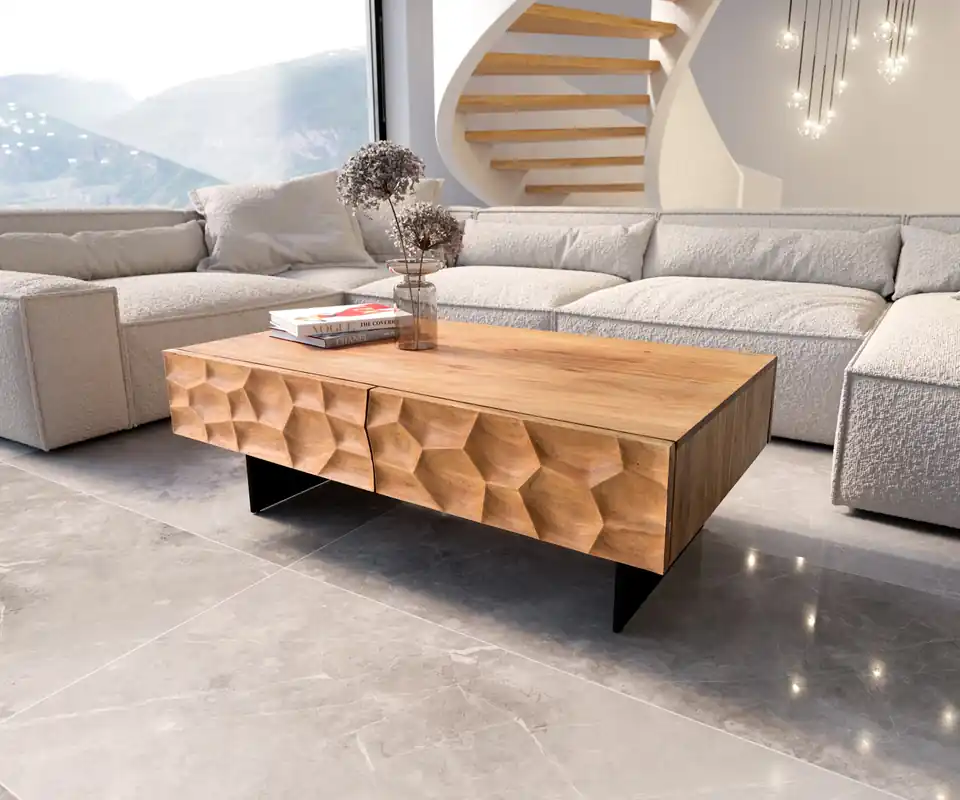 Couchtisch Solu 120x70 cm Akazie Natur 4 Schübe Fuß schwebend Metall Schwarz 3D-Front Sale