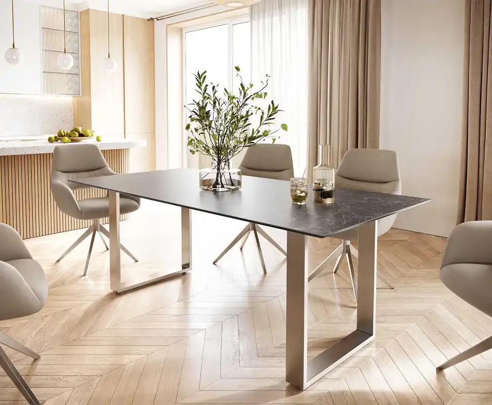Esstisch Edge 200x100 Keramik Laminam® Nero Greco Anthrazit Edelstahl Schmal Beliebt
