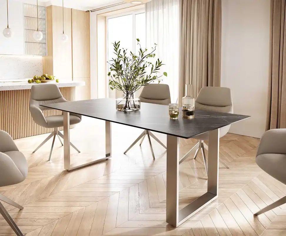 Neue Ware Esstisch Edge 200x100 Keramik Laminam® Noir Desir Braun Edelstahl Schmal