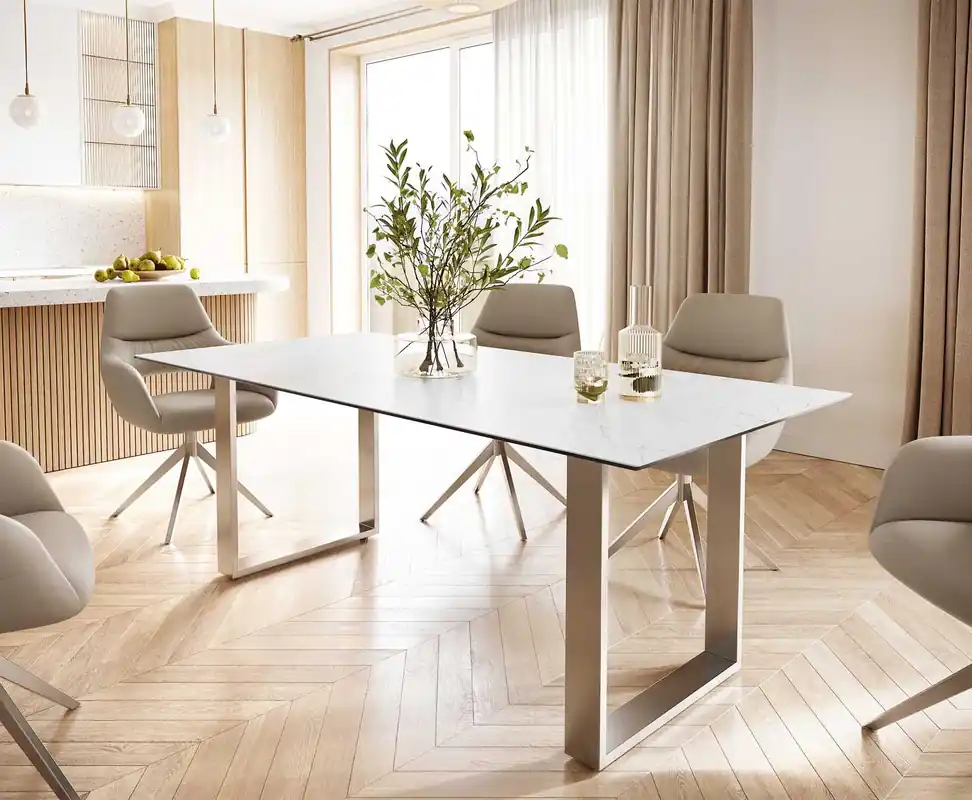 Esstisch Edge 200x100 Keramik Laminam® Statuarietto Weiß Edelstahl Schmal Geprüft