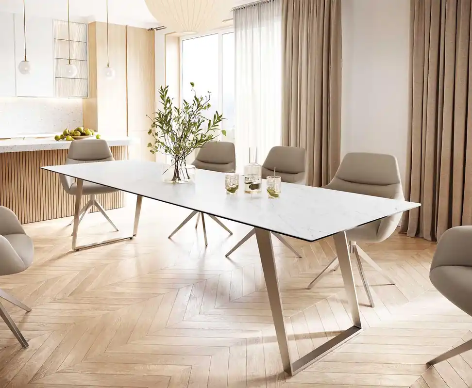 Esstisch Edge 300x100 Keramik Laminam® Statuarietto Weiß Edelstahl Schräg Angebot