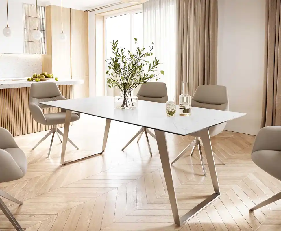 Highlight Esstisch Edge 200x100 Keramik Laminam® Statuarietto Weiß Edelstahl Schräg