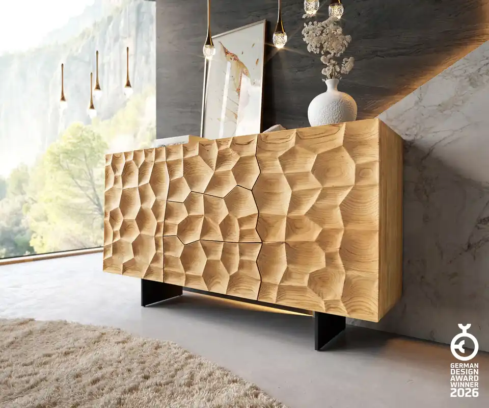 Direkt Vom Hersteller Sideboard Solu 145 cm Eiche Natur 2 Türen 3 Schübe Fuß schwebend Metall Schwarz 3D-Front