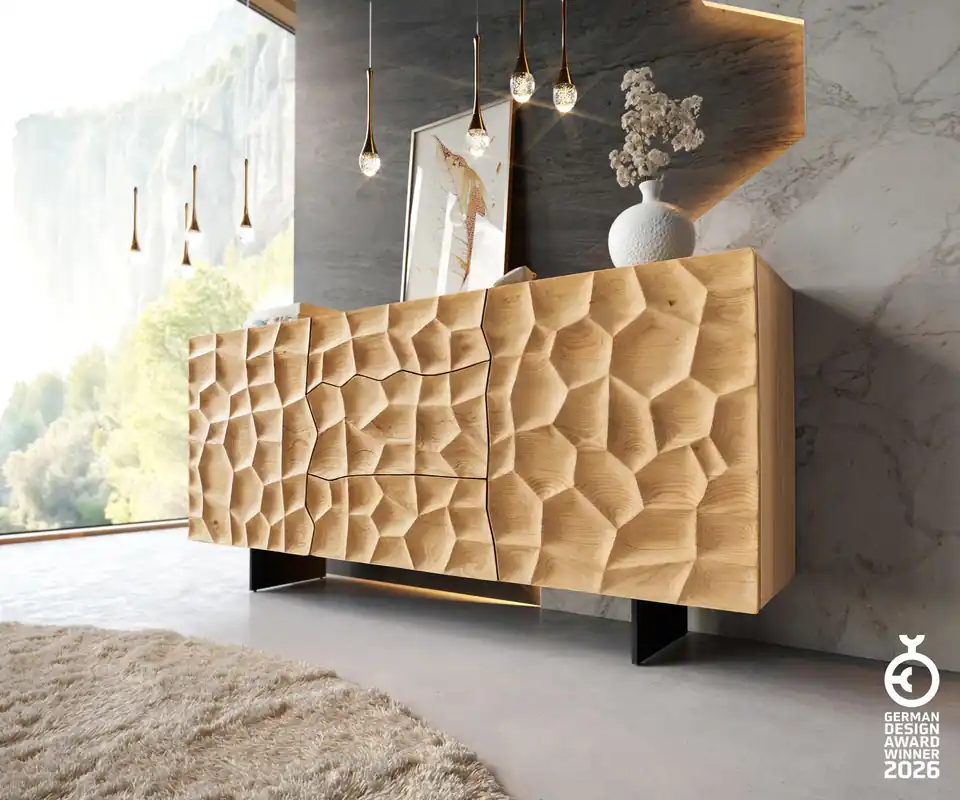 Nur Für Kurze Zeit Sideboard Solu 175 cm Eiche Natur 2 Türen 3 Schübe Fuß schwebend Metall Schwarz 3D-Front