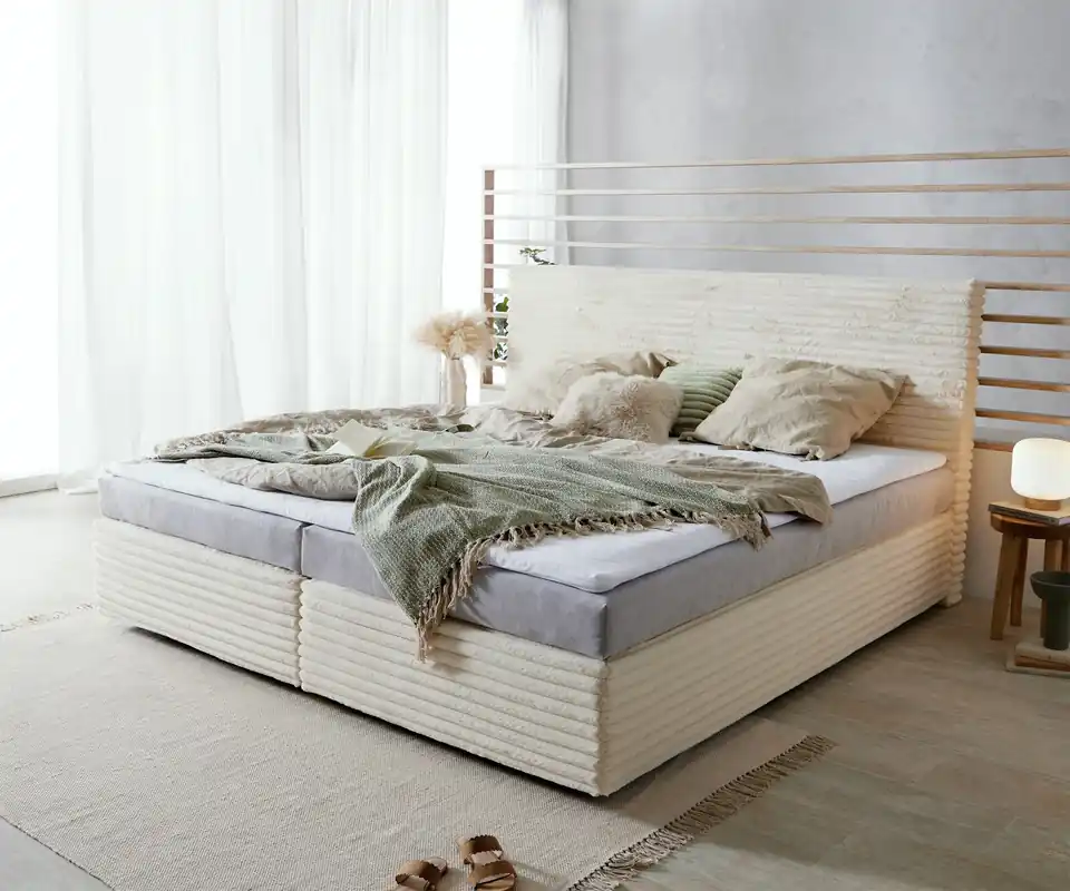Boxspringbett Dream-Well Plüsch-Cord Beige 200x200 cm Bonell-Matratze PU-Topper Nur Für Kurze Zeit
