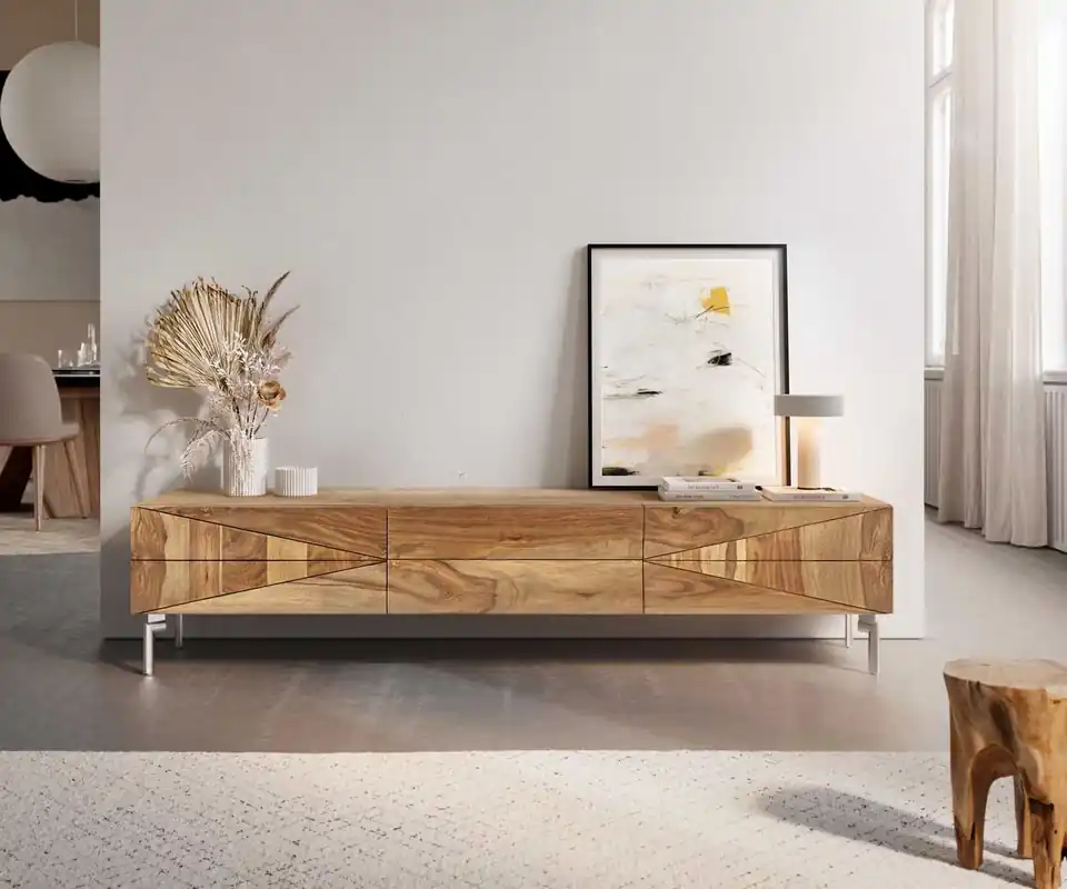 Highlight Lowboard Wyatt 175 cm Sheesham Natur 2 Türen 1 Klappe Fuß Oval Edelstahl