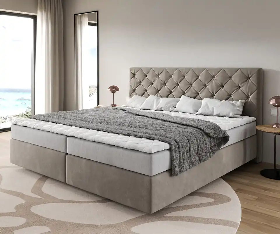 Boxspringbett Dream-Great Mikrofaser Beige 200x200 cm Bonell-Matratze PU-Topper Sofort Bestellen