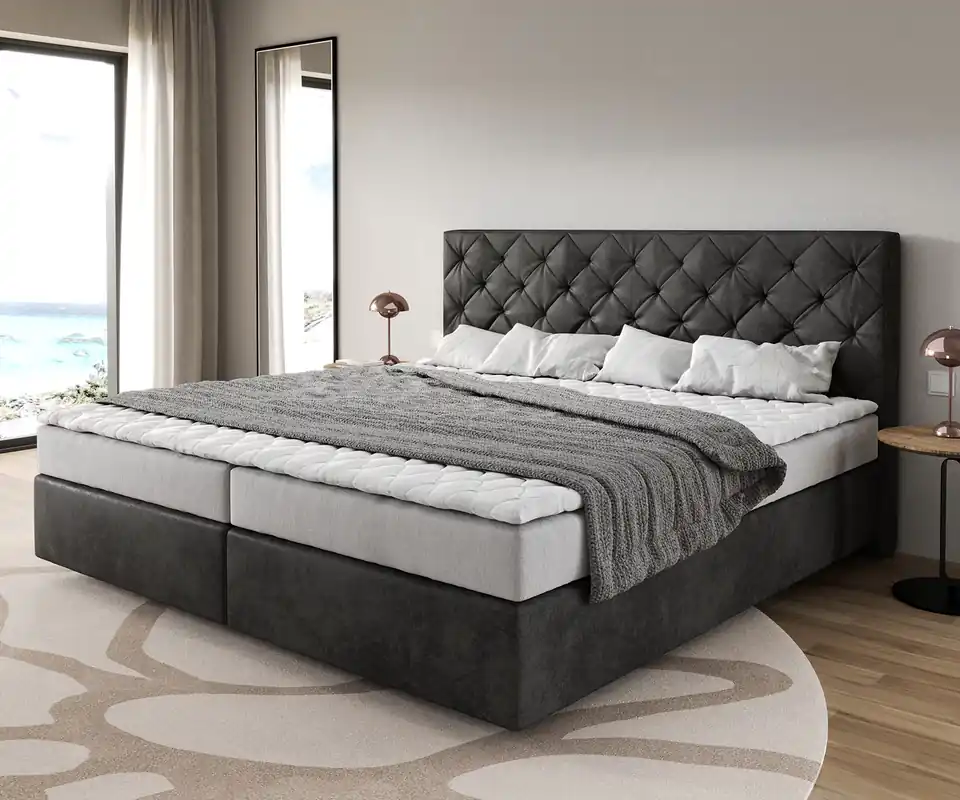 Letzte Chance Boxspringbett Dream-Great Mikrofaser Anthrazit Vintage 200x200 cm Bonell-Matratze PU-Topper